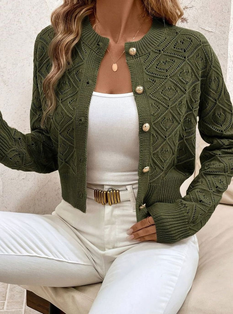 Cropped Pointelle Knit Cardigan for Women with Gold-Tone Buttons, front view 2