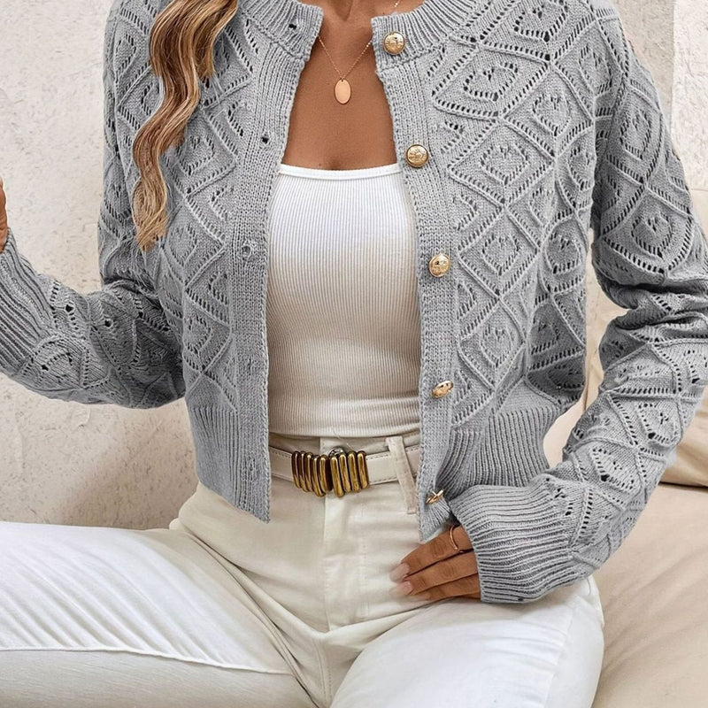 Cropped Pointelle Knit Cardigan for Women with Gold-Tone Buttons in Gray, front view 2
