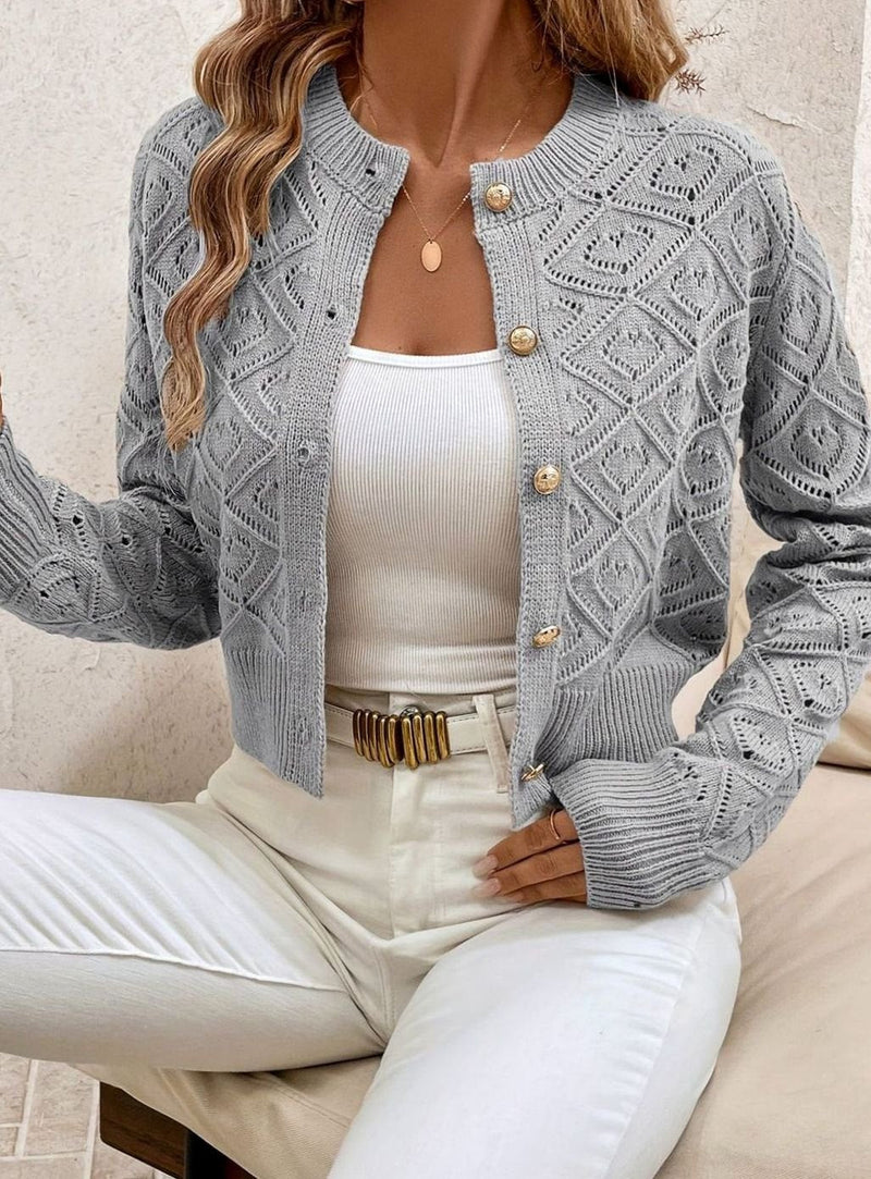 Cropped Pointelle Knit Cardigan for Women with Gold-Tone Buttons in Gray, front view