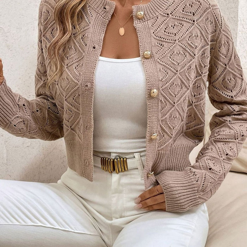 Cropped Pointelle Knit Cardigan for Women with Gold-Tone Buttons in Khaki, front view 2