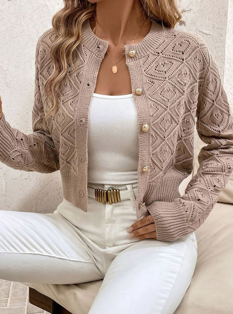 Cropped Pointelle Knit Cardigan for Women with Gold-Tone Buttons in Khaki, front view