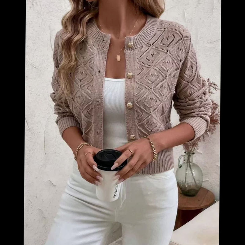 Cropped Pointelle Knit Cardigan for Women with Gold-Tone Buttons in Khaki, styled view