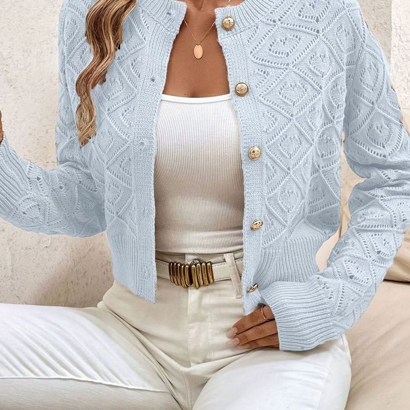Cropped Pointelle Knit Cardigan for Women with Gold-Tone Buttons in Light Blue, front view 2