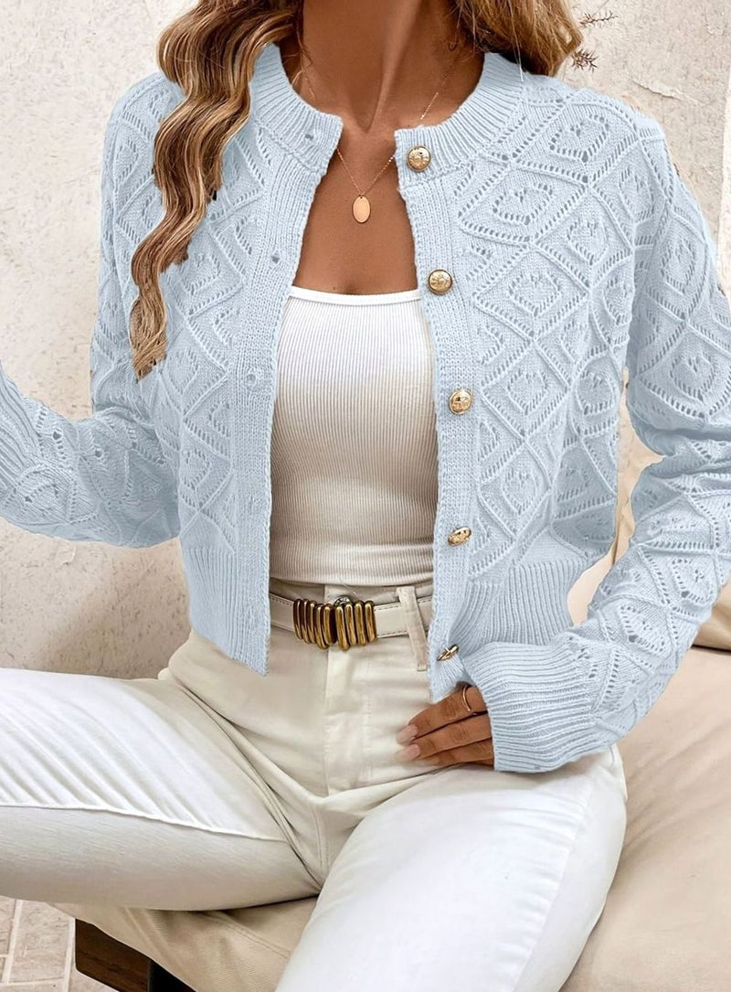 Cropped Pointelle Knit Cardigan for Women with Gold-Tone Buttons in Light Blue, front view