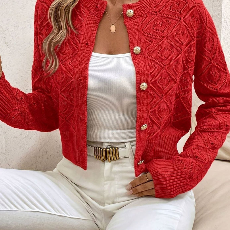 Cropped Pointelle Knit Cardigan for Women with Gold-Tone Buttons in Red, front view 2