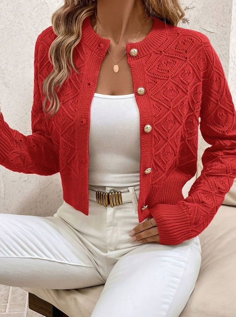Cropped Pointelle Knit Cardigan for Women with Gold-Tone Buttons in Red, front view