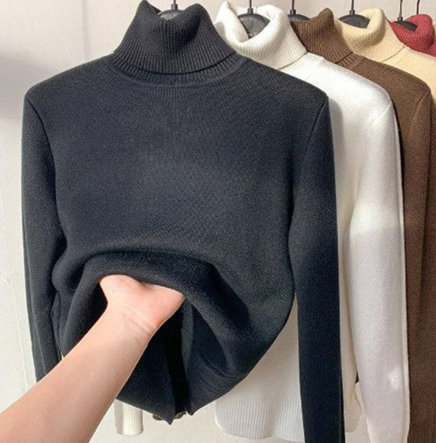 Fleece Lined Turtleneck Sweater for Women with Slim Fit and Ribbed Collar in Black, front view