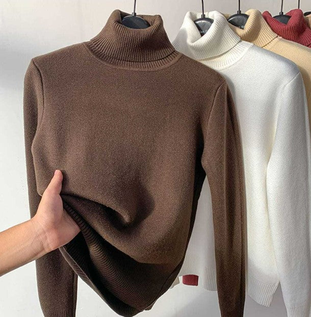Fleece Lined Turtleneck Sweater for Women with Slim Fit and Ribbed Collar in Brown, front view