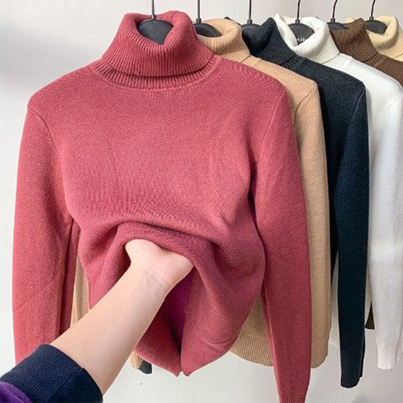 Fleece Lined Turtleneck Sweater for Women with Slim Fit and Ribbed Collar in Pink, front view