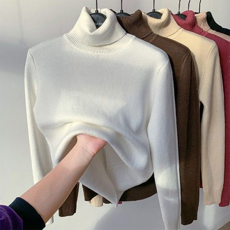 Fleece Lined Turtleneck Sweater for Women with Slim Fit and Ribbed Collar in White, front view