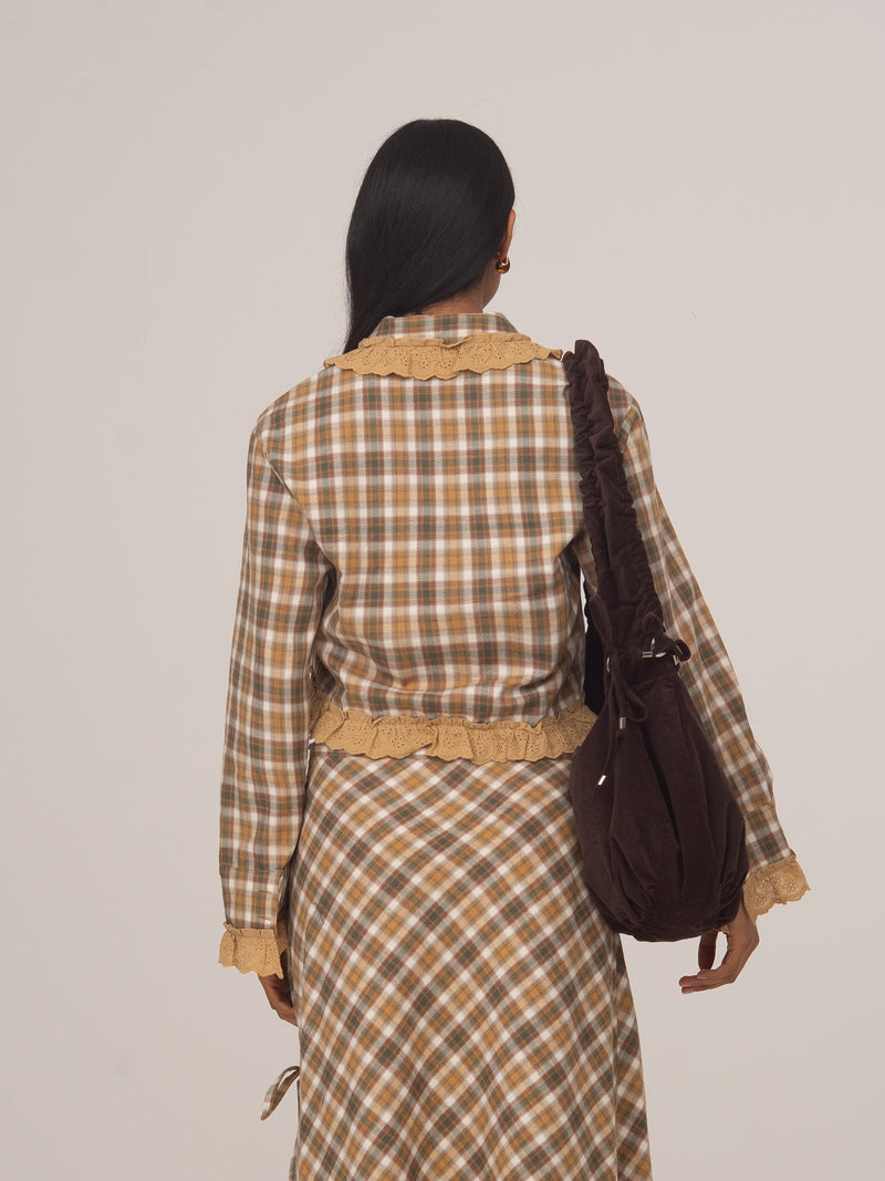 Cropped Plaid Button Up Shirt for Women with Eyelet Ruffle Trim, back view