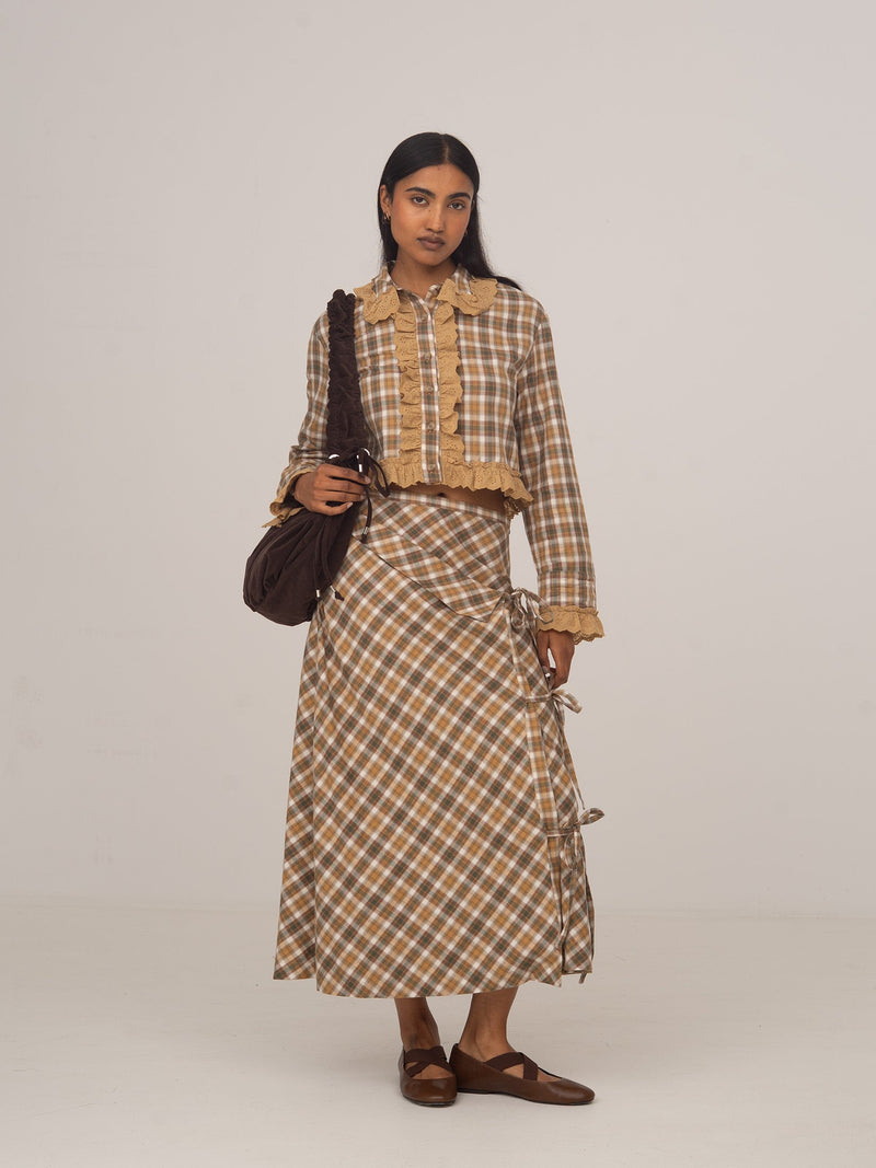 Cropped Plaid Button Up Shirt for Women with Eyelet Ruffle Trim, full length front view