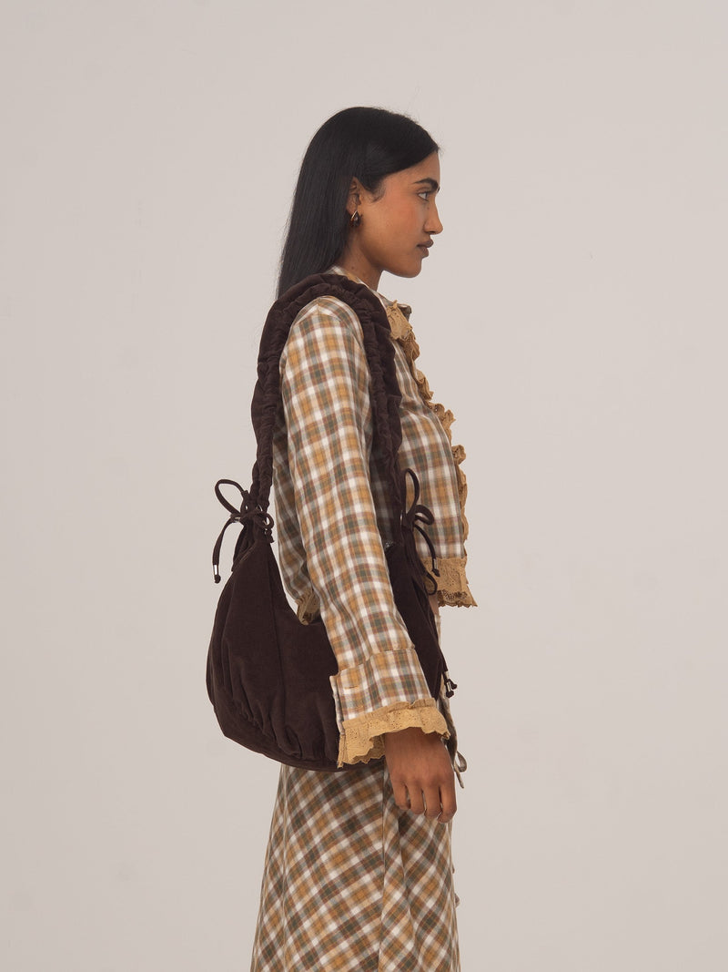 Cropped Plaid Button Up Shirt for Women with Eyelet Ruffle Trim, side view