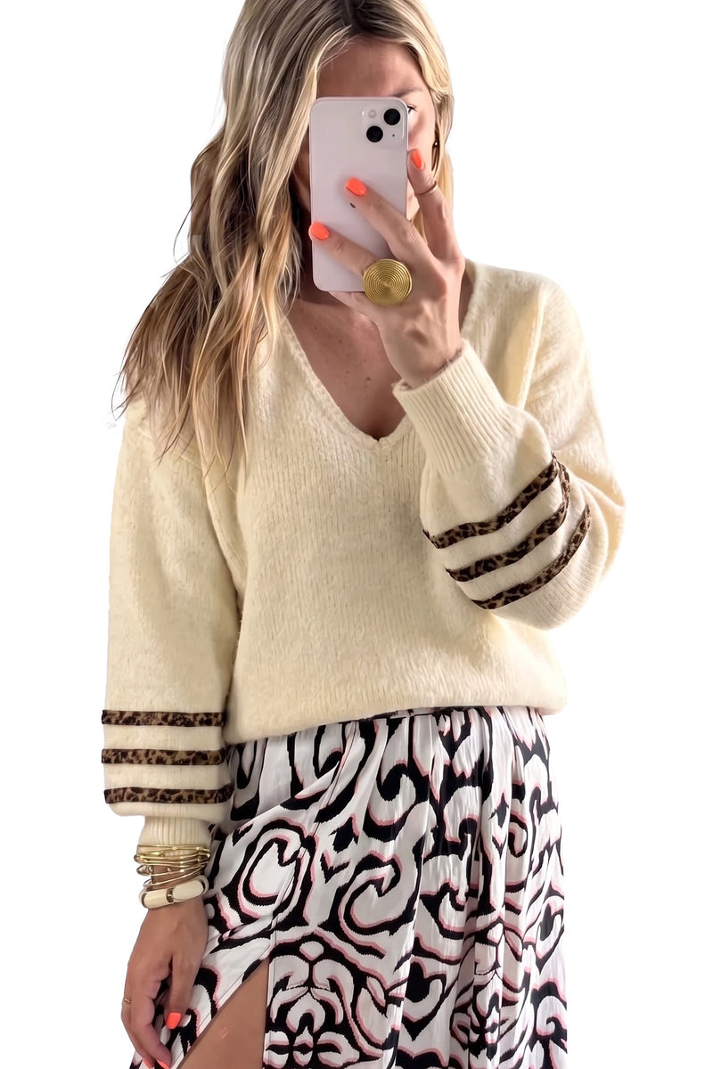 Relaxed V Neck Sweater for Women with Leopard Stripe Sleeves in Beige, front view on white