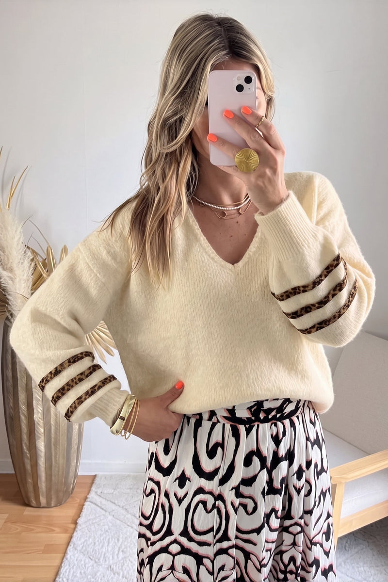 Relaxed V Neck Sweater for Women with Leopard Stripe Sleeves in Beige, relaxed front view