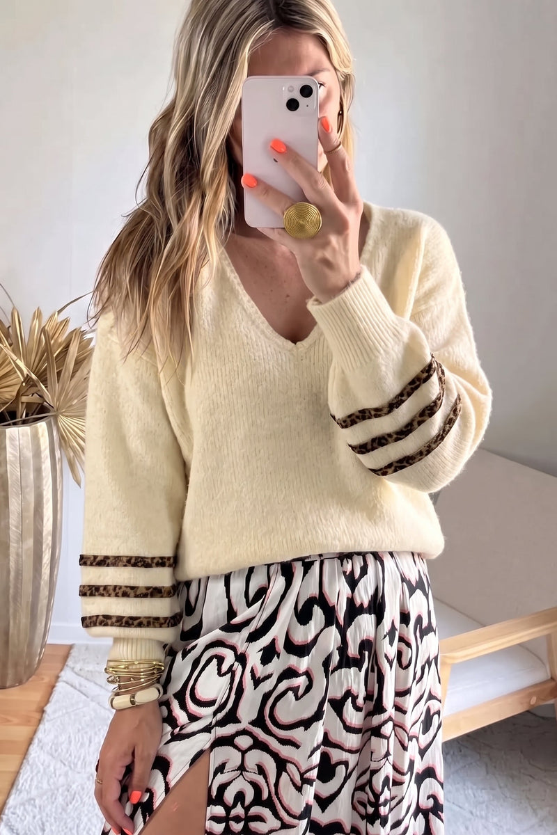 Relaxed V Neck Sweater for Women with Leopard Stripe Sleeves in Beige, styled view