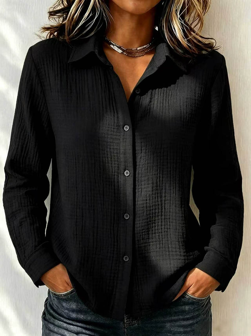 Crinkle Textured Button Up Shirt for Women with Long Sleeves in Black, front view