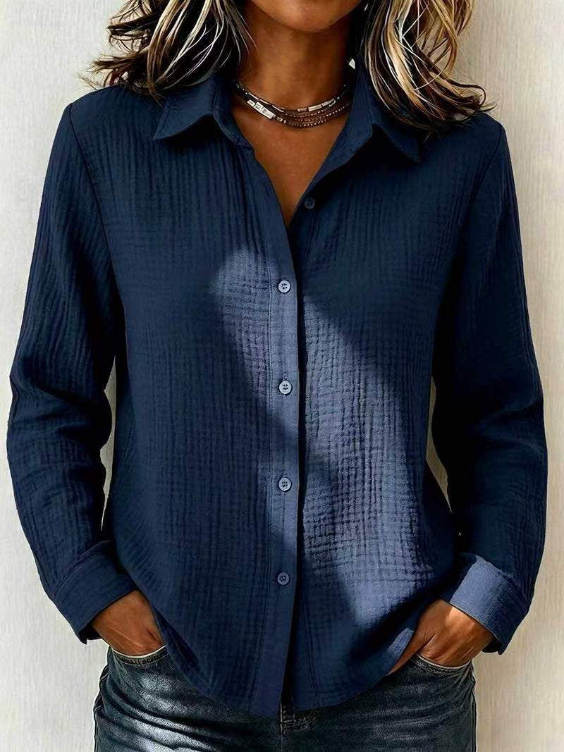 Crinkle Textured Button Up Shirt for Women with Long Sleeves in Dark Blue, front view