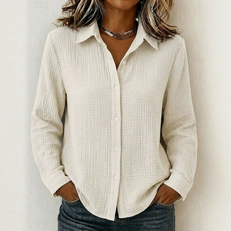 Crinkle Textured Button Up Shirt for Women with Long Sleeves in Ivory, front view