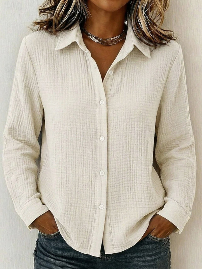 Crinkle Textured Button Up Shirt for Women with Long Sleeves in Ivory, front view 2