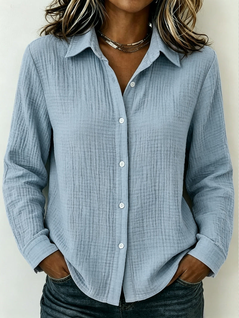 Crinkle Textured Button Up Shirt for Women with Long Sleeves in Light Blue, front view