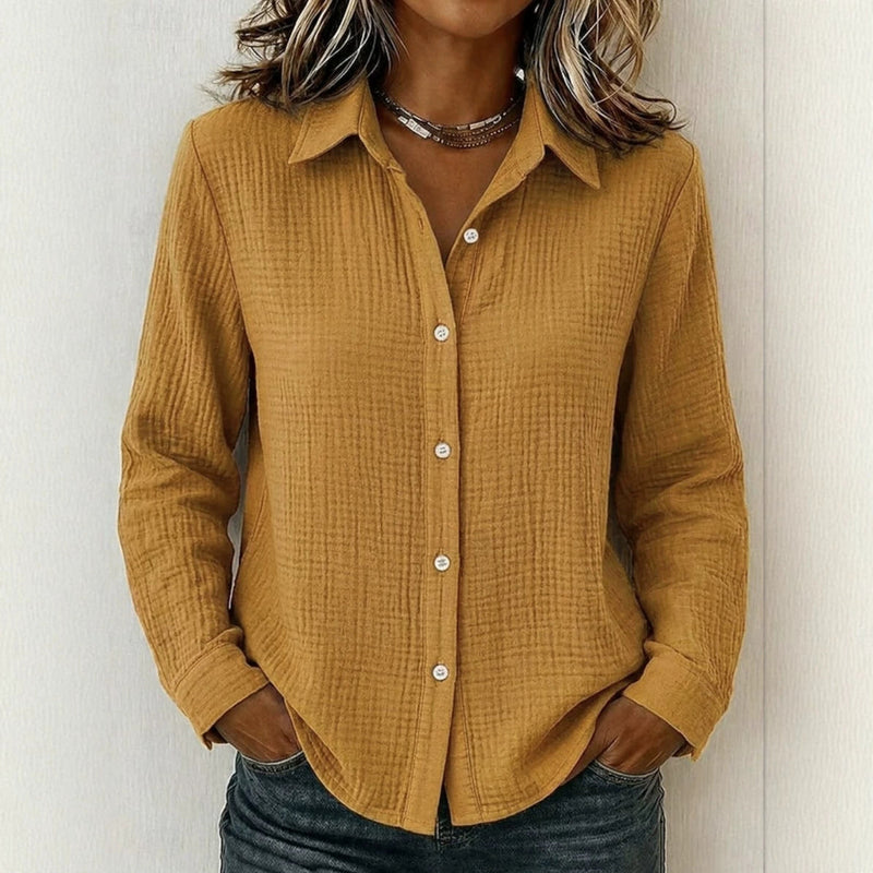 Crinkle Textured Button Up Shirt for Women with Long Sleeves in Mustard, front view