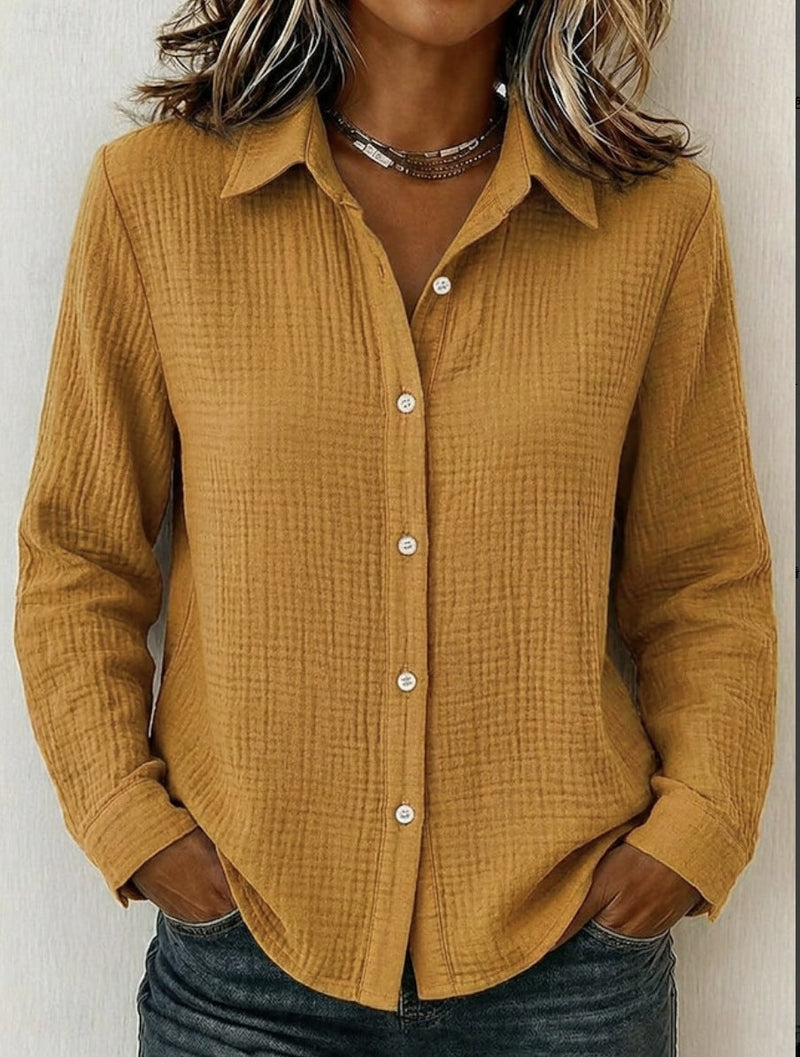 Crinkle Textured Button Up Shirt for Women with Long Sleeves in Mustard, front view 2