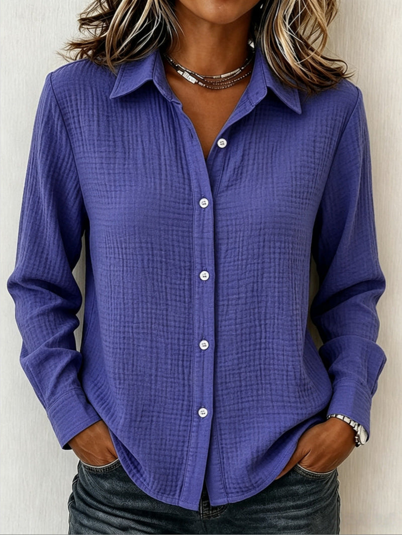 Crinkle Textured Button Up Shirt for Women with Long Sleeves in Purple, front view