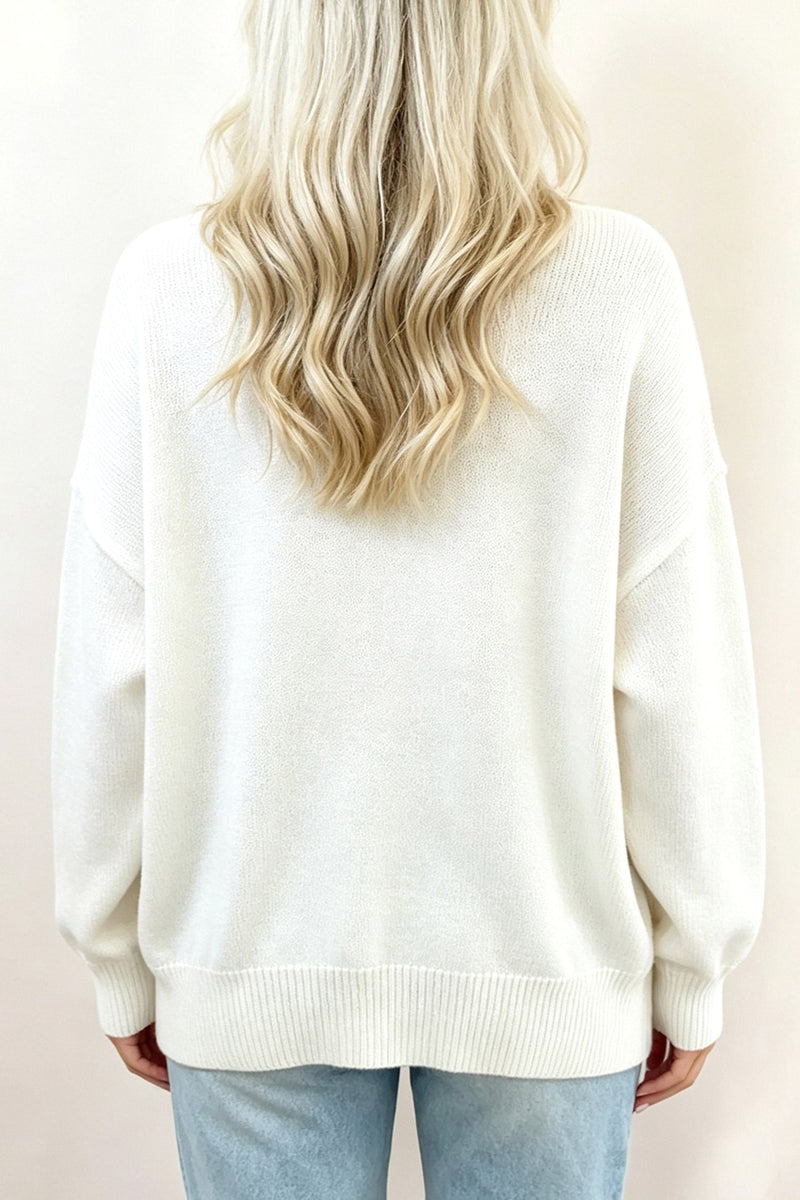 Oversized Dog Motif Sweater for Women with Crew Neck and Drop Shoulders in White, back view