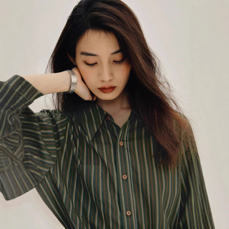Striped Button Up Shirt for Women with Relaxed Fit and Long Sleeves in Green Stripes, close-up