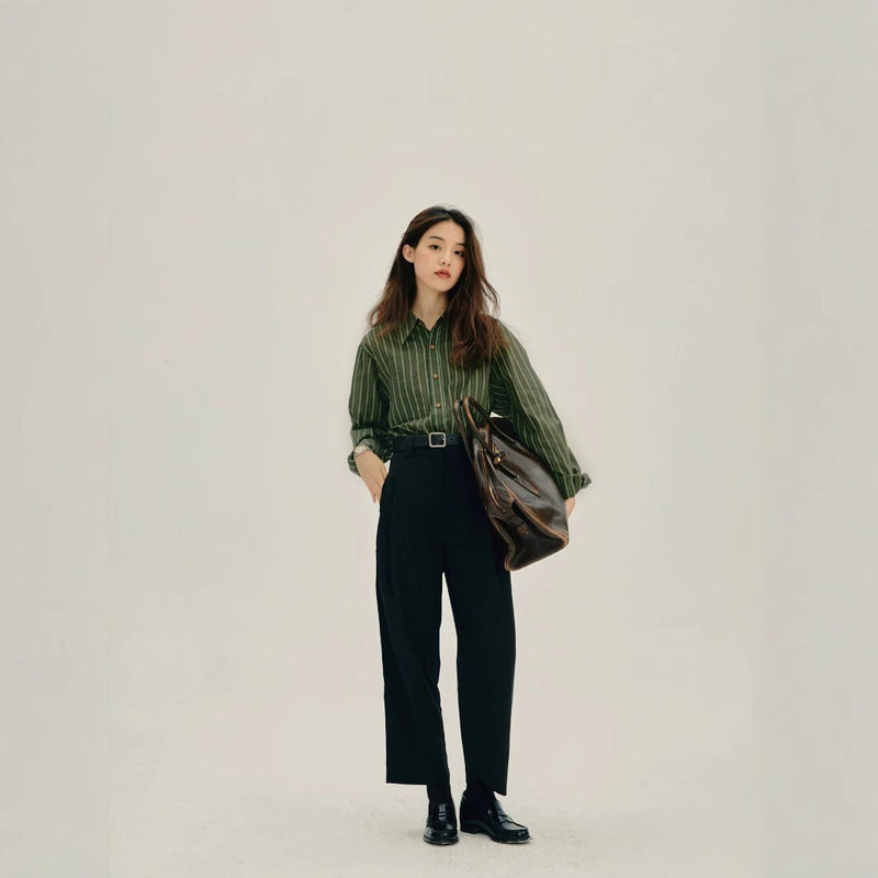 Striped Button Up Shirt for Women with Relaxed Fit and Long Sleeves in Green Stripes, full length front view