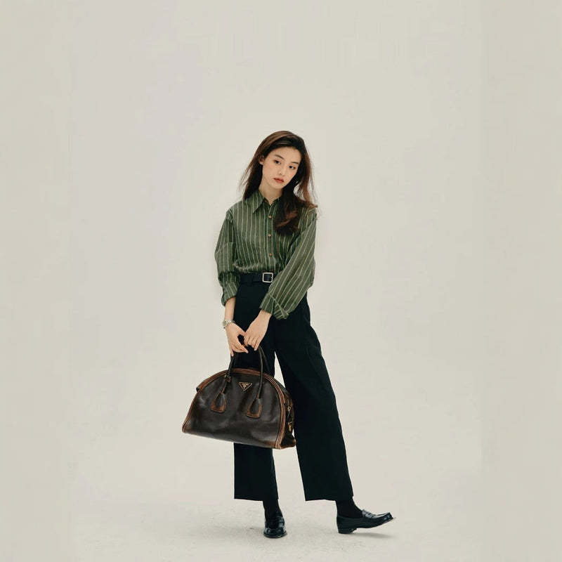 Striped Button Up Shirt for Women with Relaxed Fit and Long Sleeves in Green Stripes, full length side view