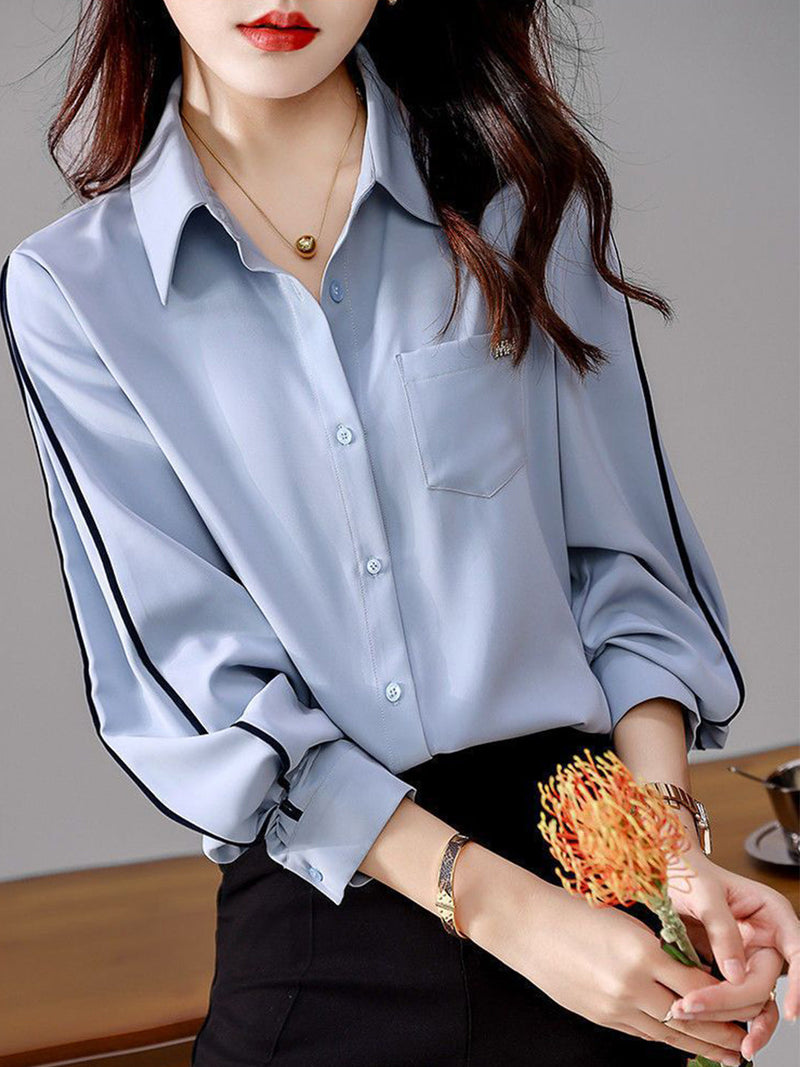 Chiffon Button Up Blouse for Women with Contrast Piping and Chest Pocket in Blue, front view