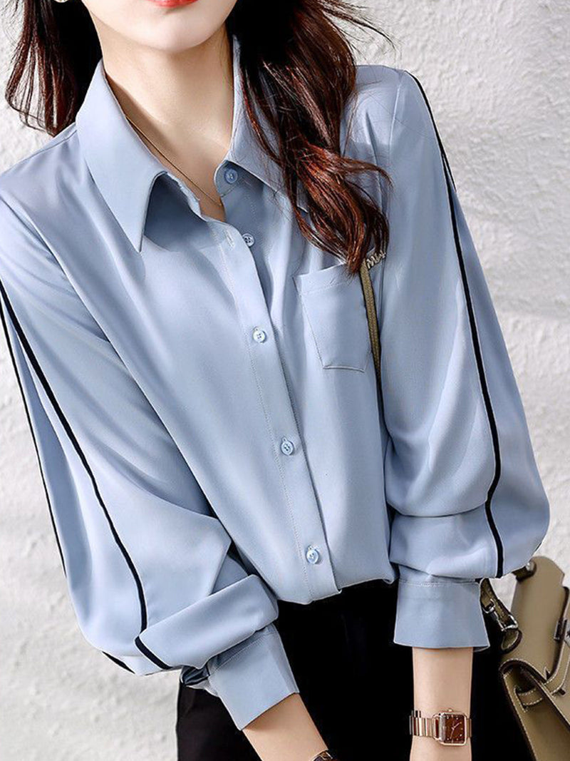 Chiffon Button Up Blouse for Women with Contrast Piping and Chest Pocket in Blue, side view