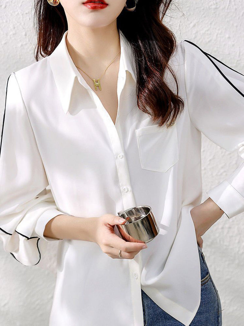 Chiffon Button Up Blouse for Women with Contrast Piping and Chest Pocket in White, front view 2