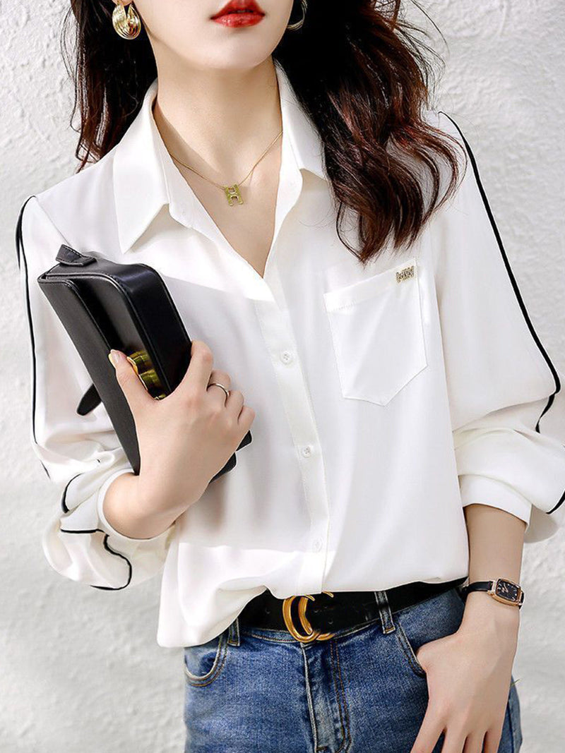 Chiffon Button Up Blouse for Women with Contrast Piping and Chest Pocket in White, front view 3