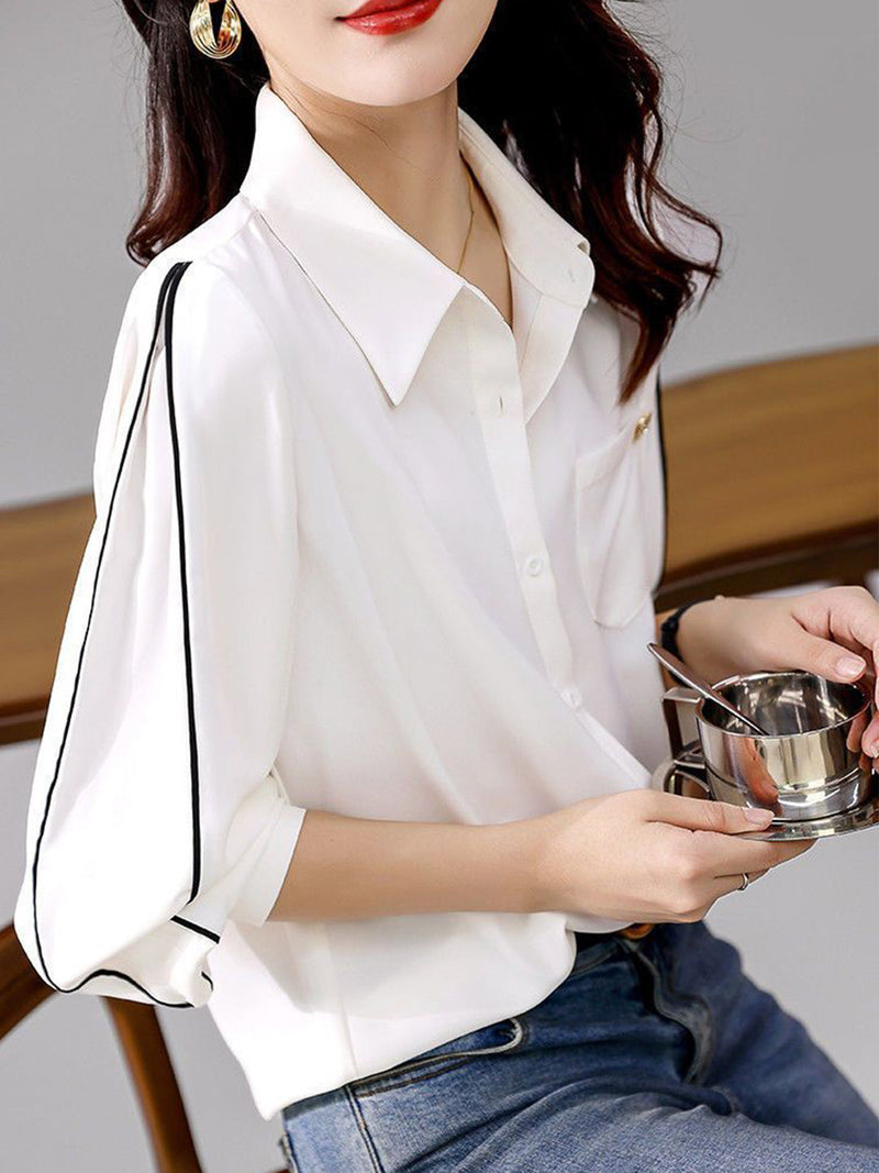 Chiffon Button Up Blouse for Women with Contrast Piping and Chest Pocket in White, side view