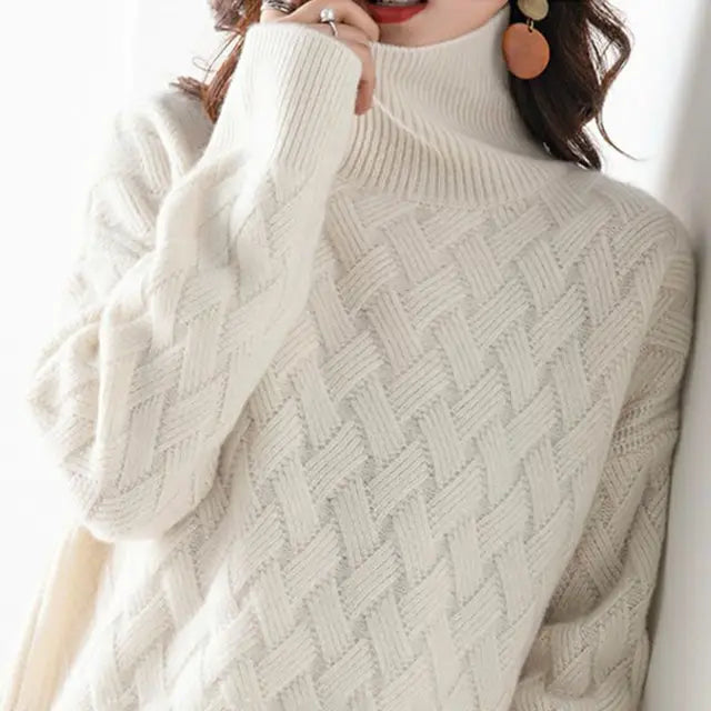 Chunky Knit Turtleneck Sweater for Women with Basket Weave Texture in Beige, close-up