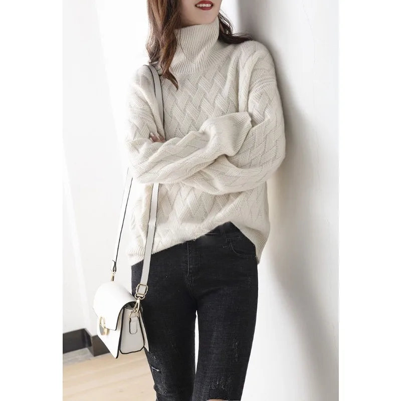 Chunky Knit Turtleneck Sweater for Women with Basket Weave Texture in Beige, styled view