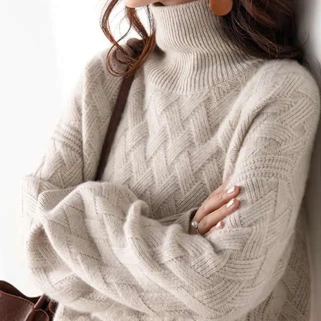 Chunky Knit Turtleneck Sweater for Women with Basket Weave Texture in Camel, front view