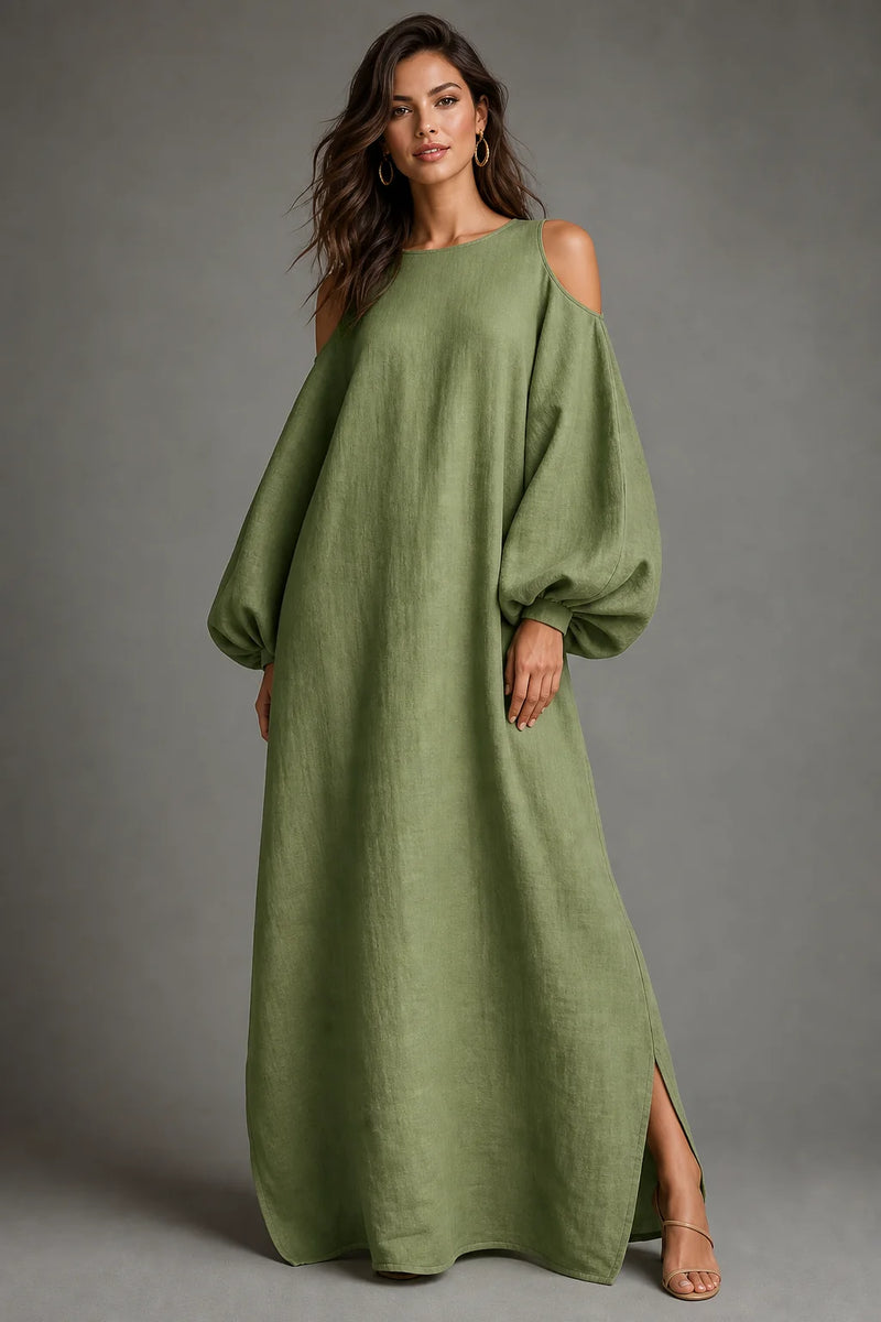 Sofaine Arabella cold-shoulder puff-sleeve maxi dress in Light Green, hero worn front