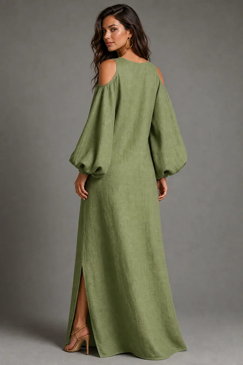 Sofaine Arabella cold-shoulder puff-sleeve maxi dress in Light Green, back view on model