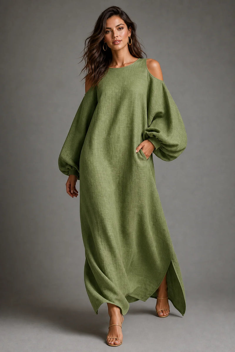 Sofaine Arabella cold-shoulder puff-sleeve maxi dress in Light Green, styled full-length walk