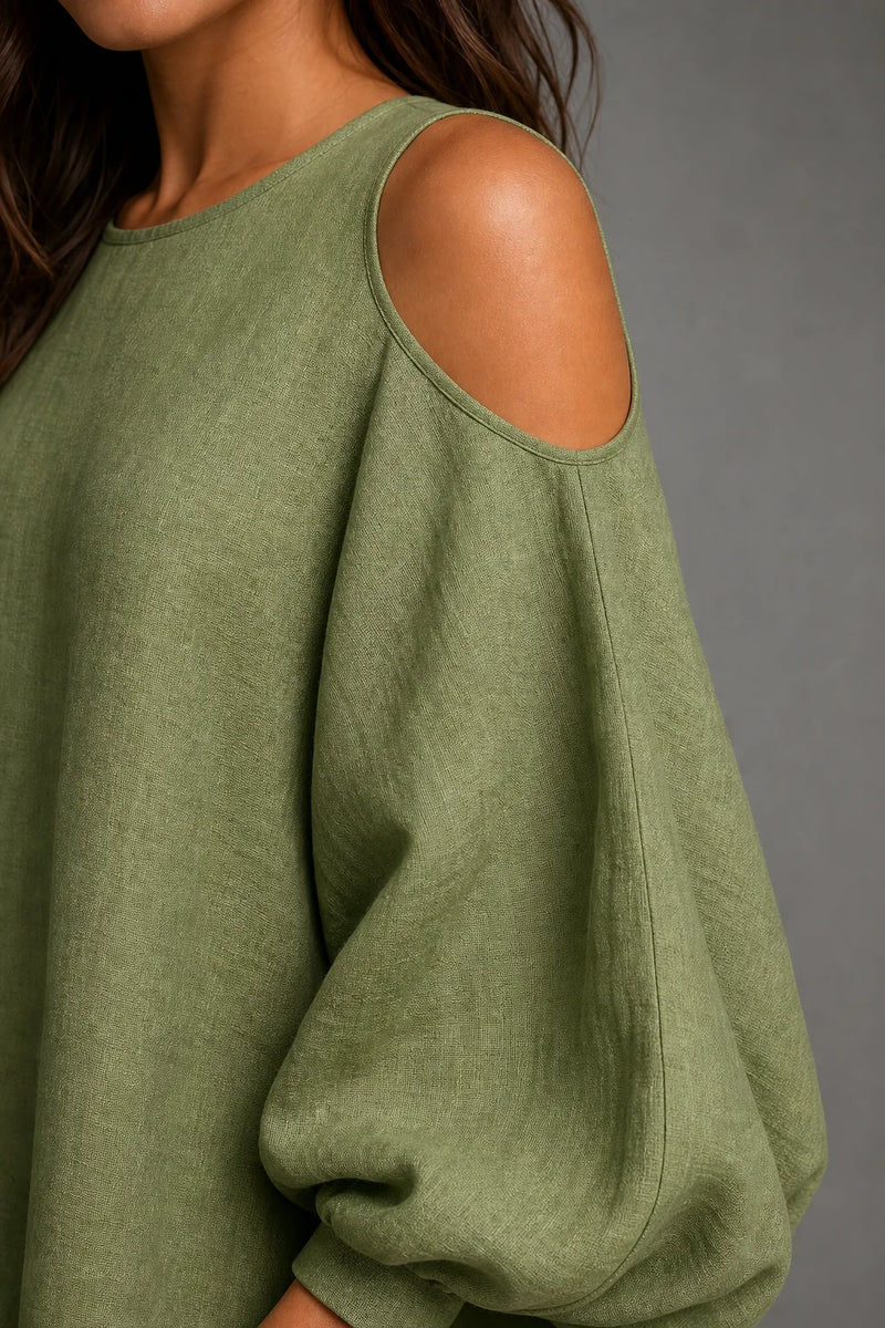 Sofaine Arabella cold-shoulder puff-sleeve maxi dress in Light Green, cold-shoulder and puff-sleeve linen detail