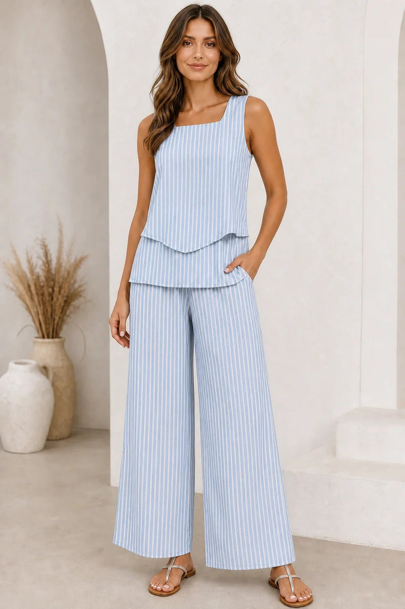 Sofaine Zoey sleeveless two-piece set in blue and white stripes, worn front view