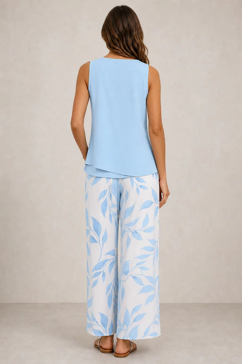 Sofaine Zoey sleeveless two-piece set with leaf-print pants in light blue, back view