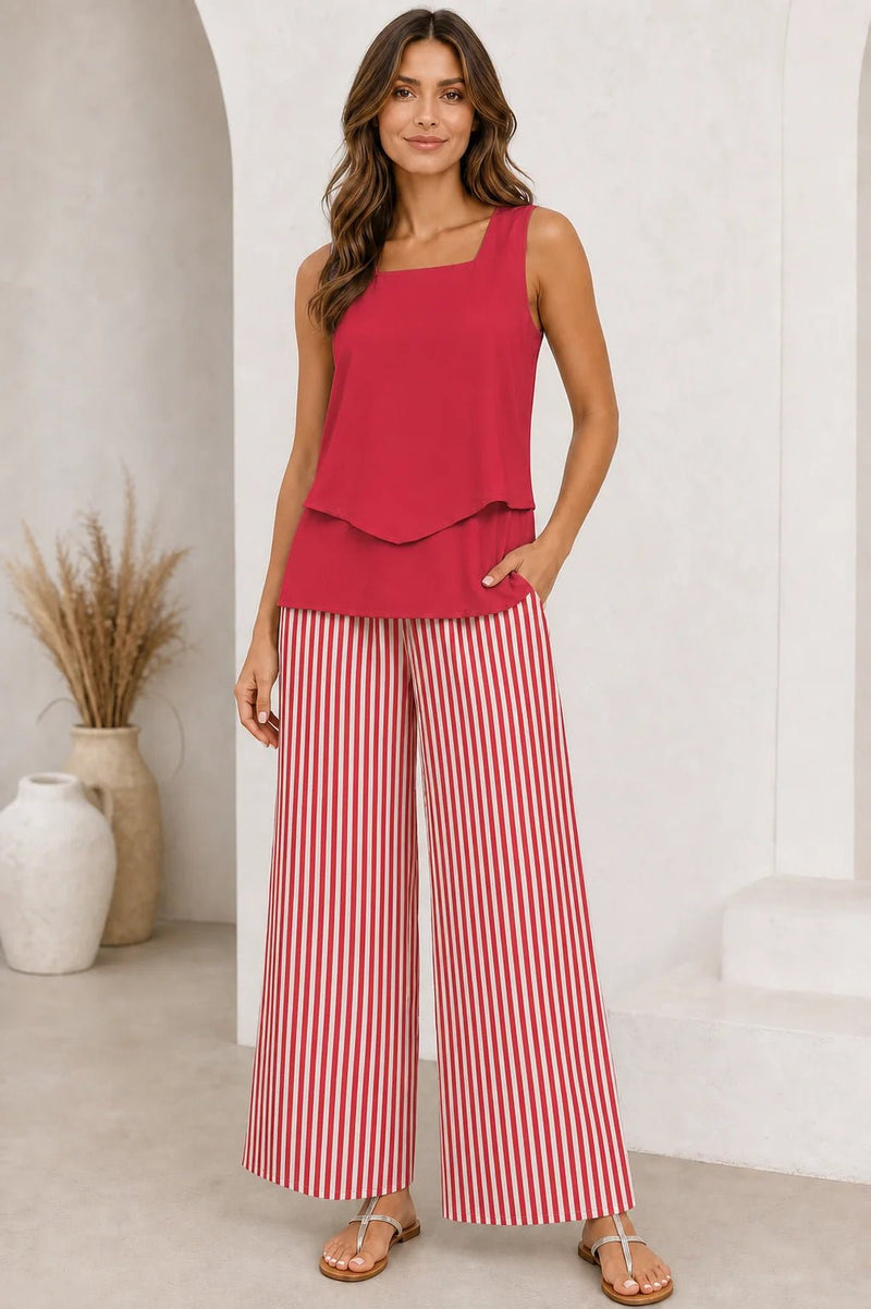 Sofaine Zoey sleeveless tank in red with red and white striped wide-leg pants, worn front view