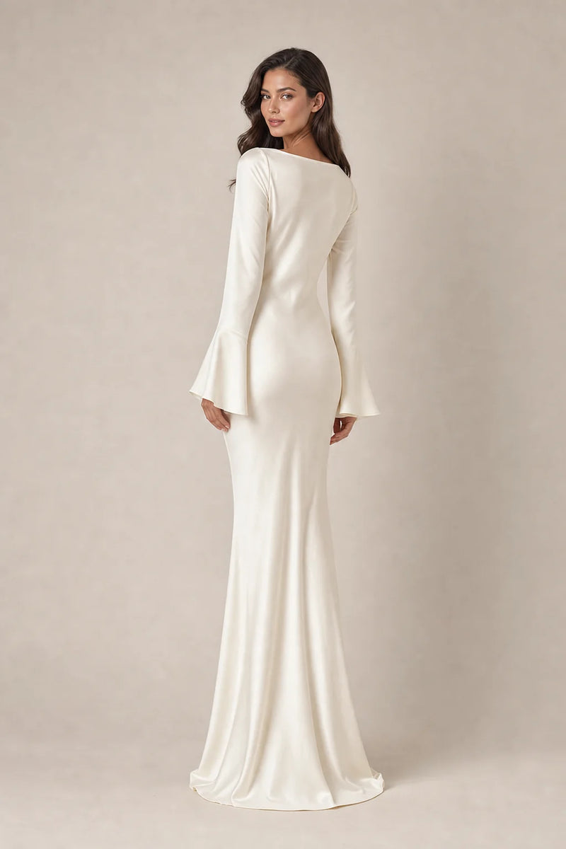 Sofaine Alice women's long-sleeve satin maxi dress in Ivory, back view