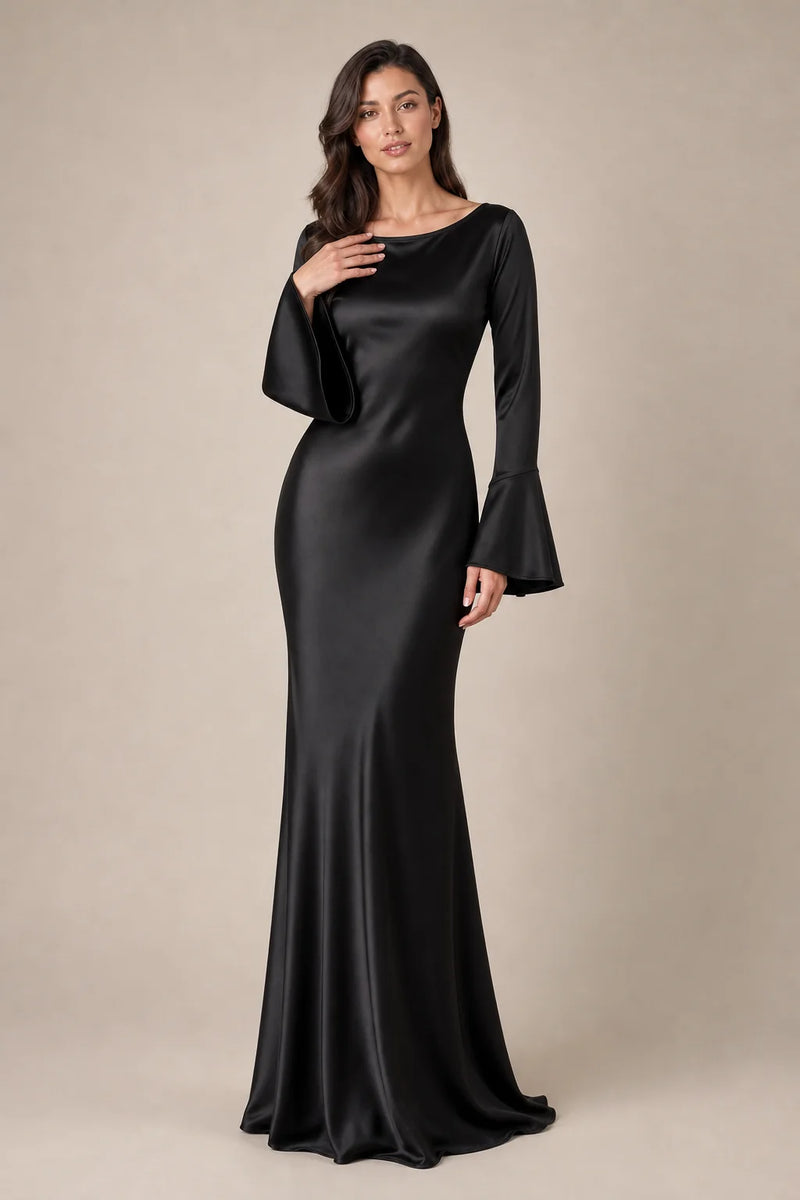 Sofaine Alice women's long-sleeve satin maxi dress in Black, front worn shot