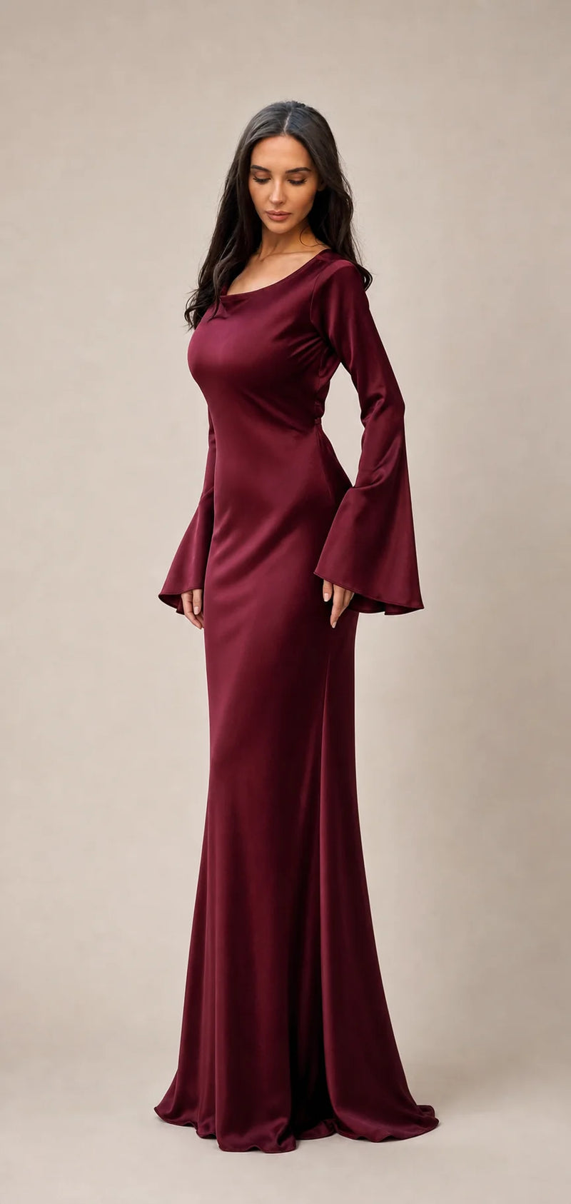 Sofaine Alice women's long-sleeve satin maxi dress in Burgundy, front worn shot